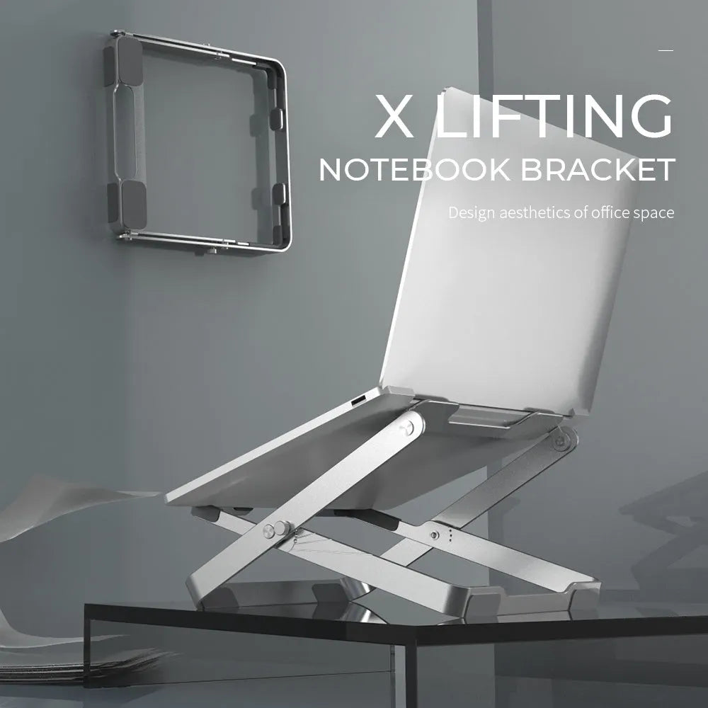 Silver grey folding aluminium alloy laptop stand with silicone pad, adjustable lifting and heat dissipation, for 11-18 inch devices