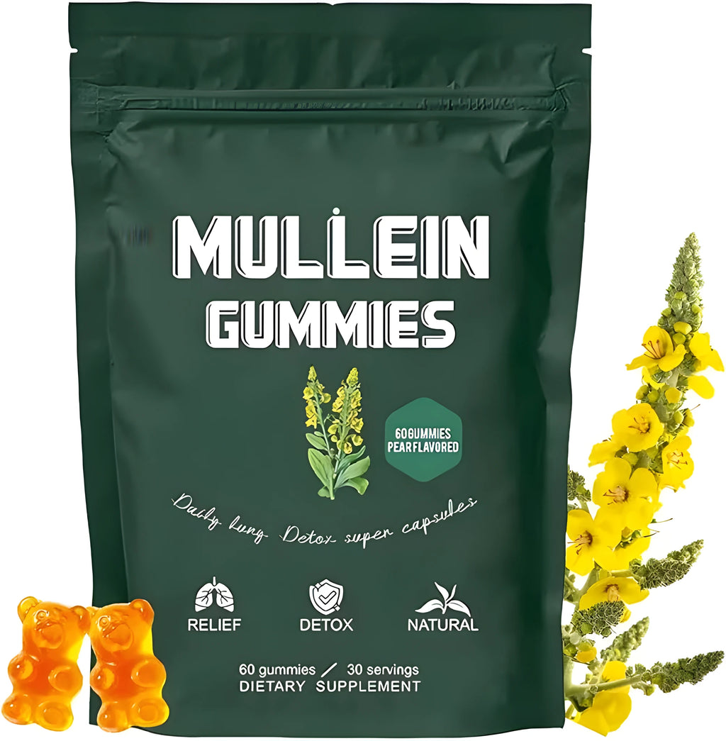 Bottle of 60 mullein gummy supplements with pear flavour, light golden colour, vegan pectin base