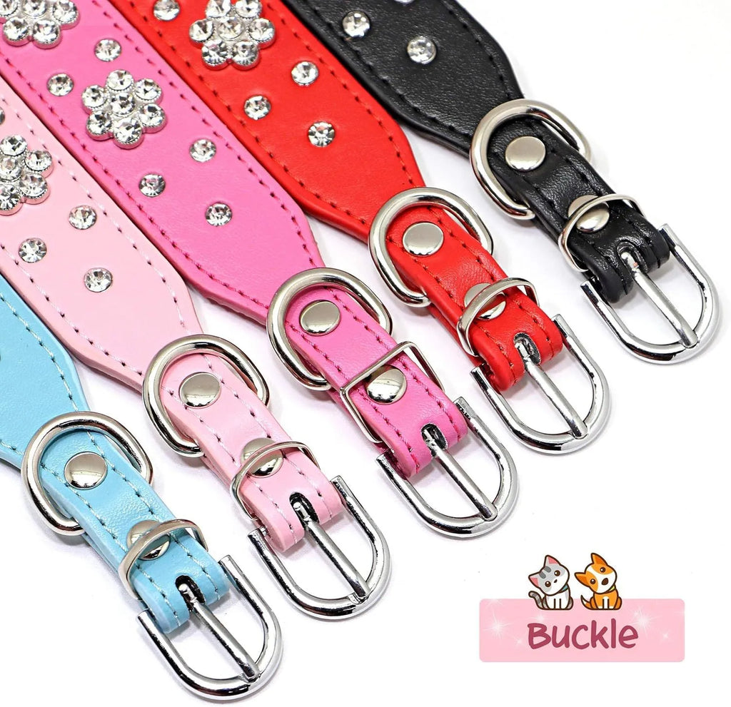 Black PU leather dog collar with sparkling rhinestone flower studs and a metal D-ring.