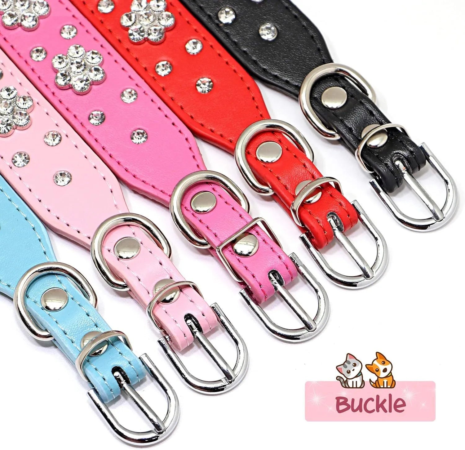 Black PU leather dog collar with sparkling rhinestone flower studs and a metal D-ring.