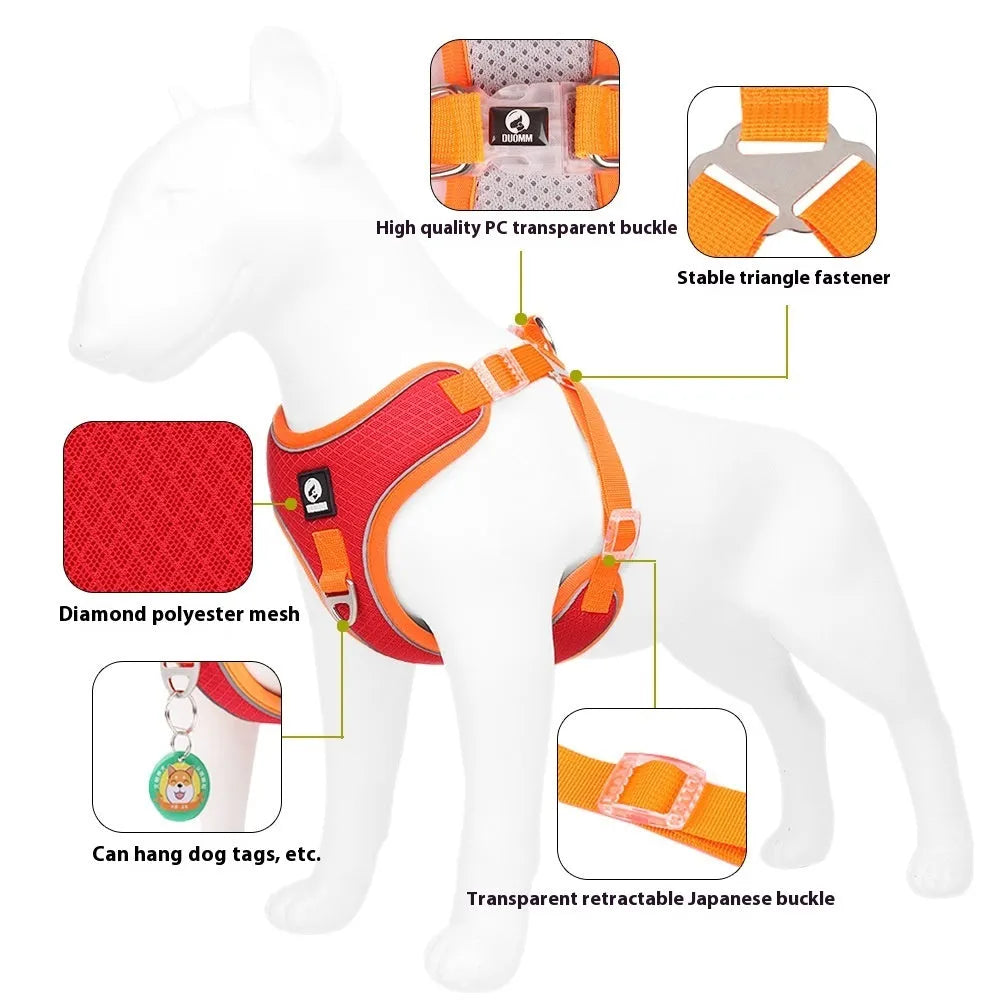 Adjustable mesh dog harness with reflective piping in light purple colour on a small dog