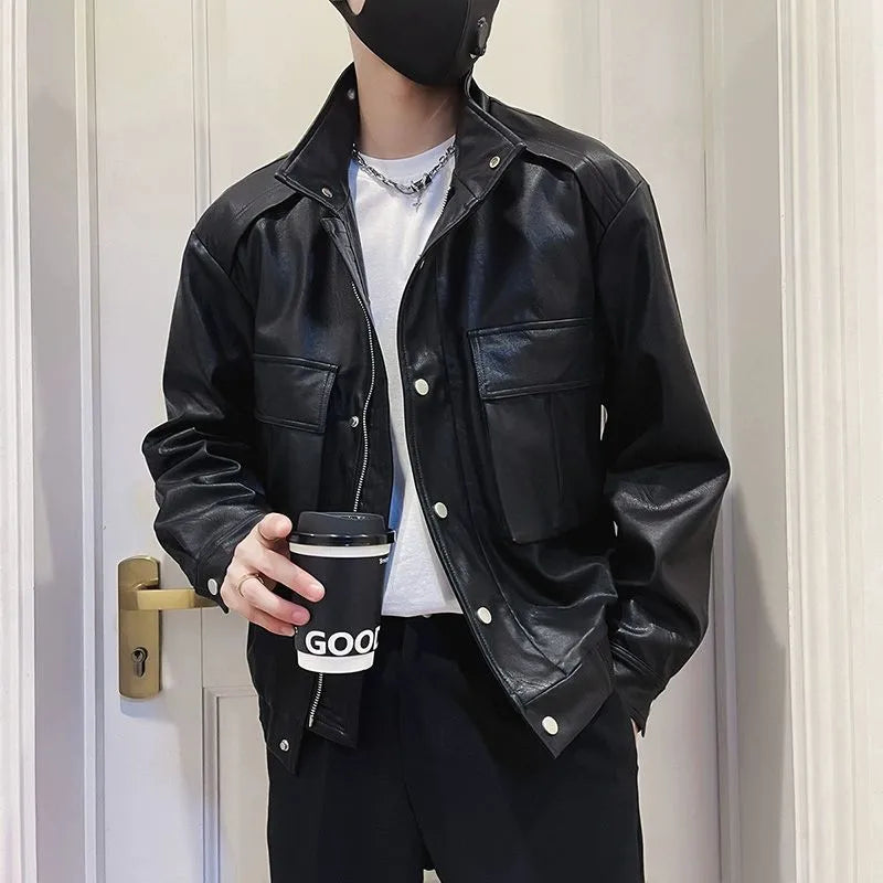 Men's black Korean style PU leather jacket with a straight hem, shown as spring and autumn outerwear.
