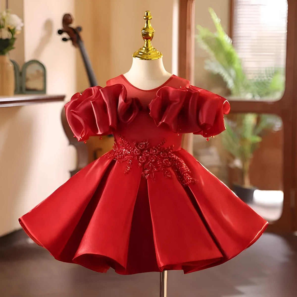 Red princess dress with polyester lining for girls sizes 80cm to 150cm