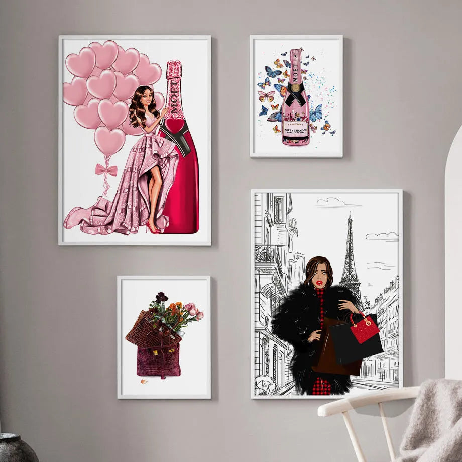 Fashion bag girl with balloons and champagne cartoon anime canvas print wall art