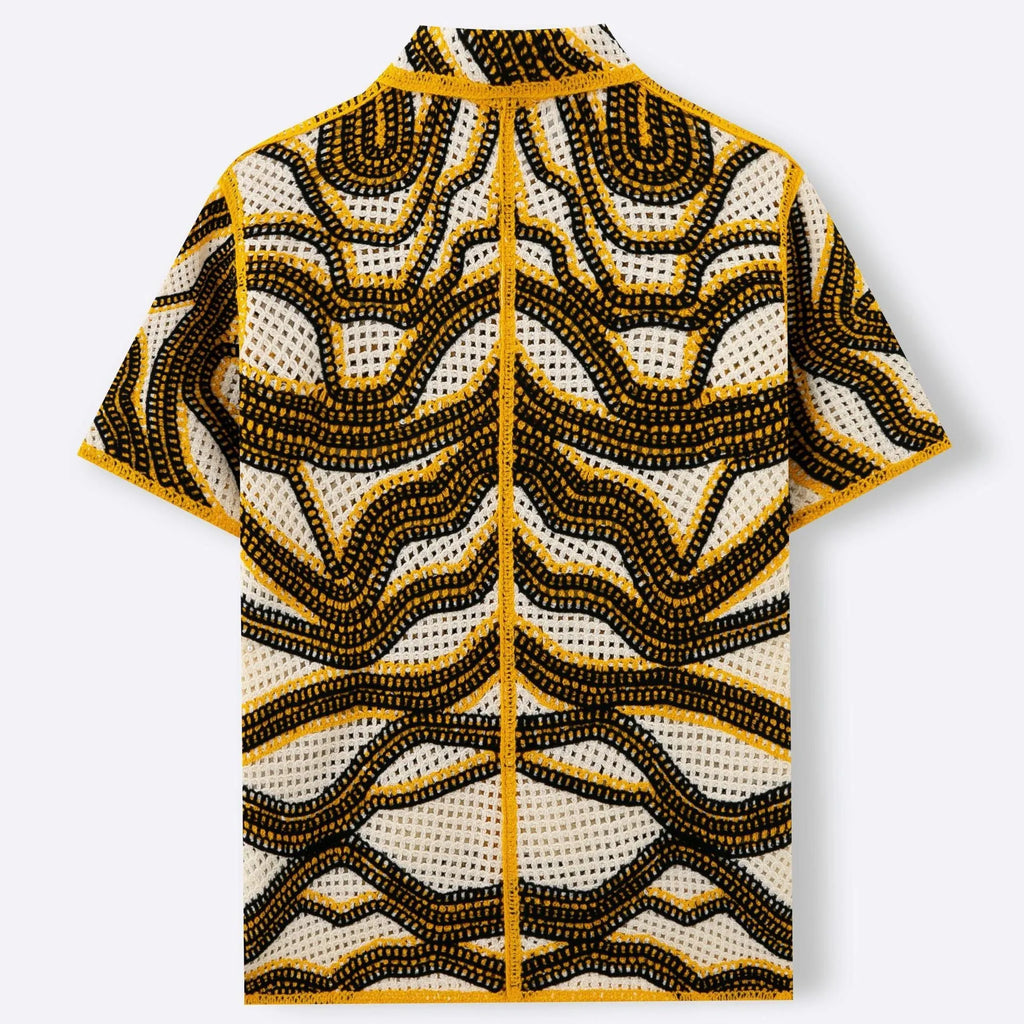 Khaki striped cardigan with hand-crocheted texture showing short sleeves and thin knit construction