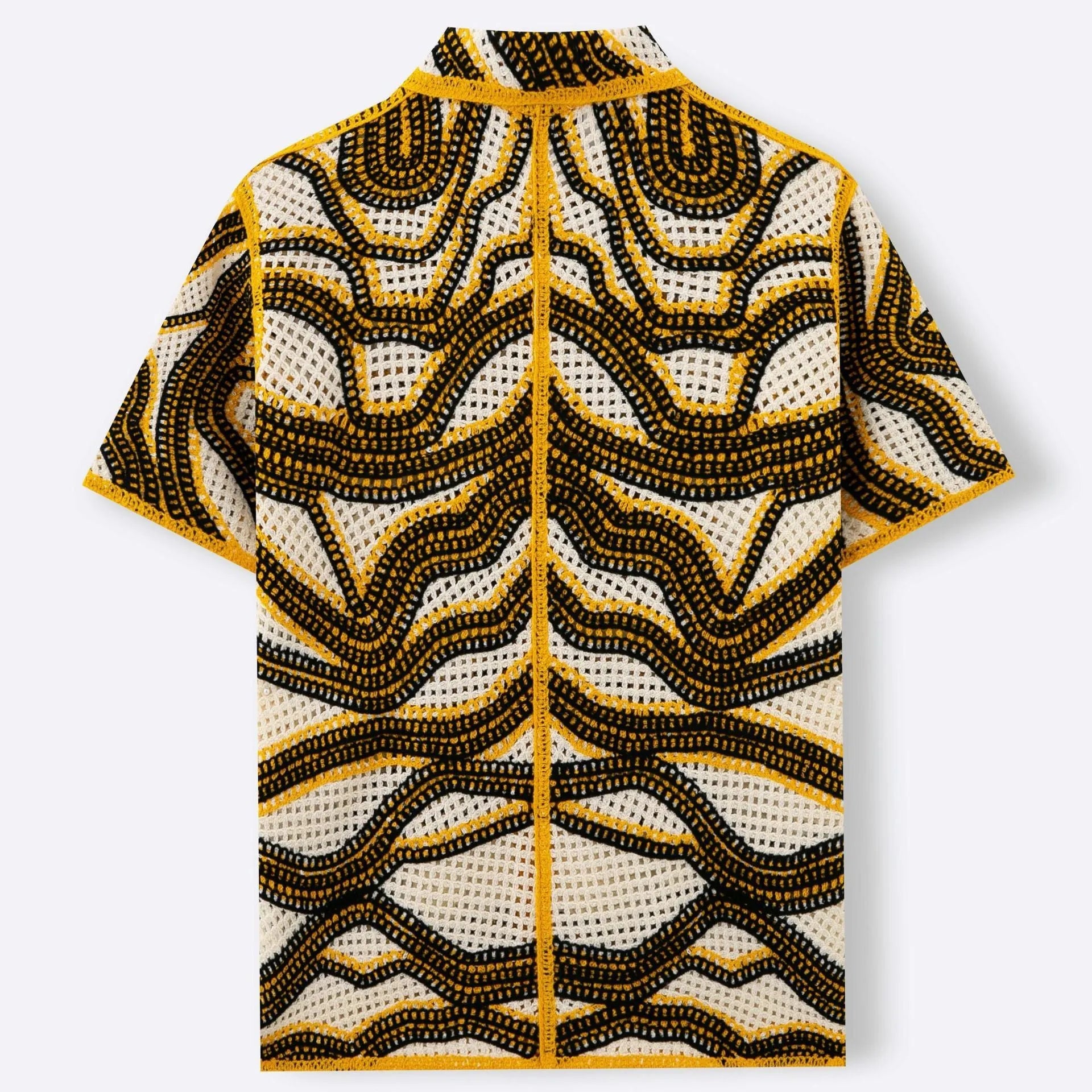 Khaki striped cardigan with hand-crocheted texture showing short sleeves and thin knit construction