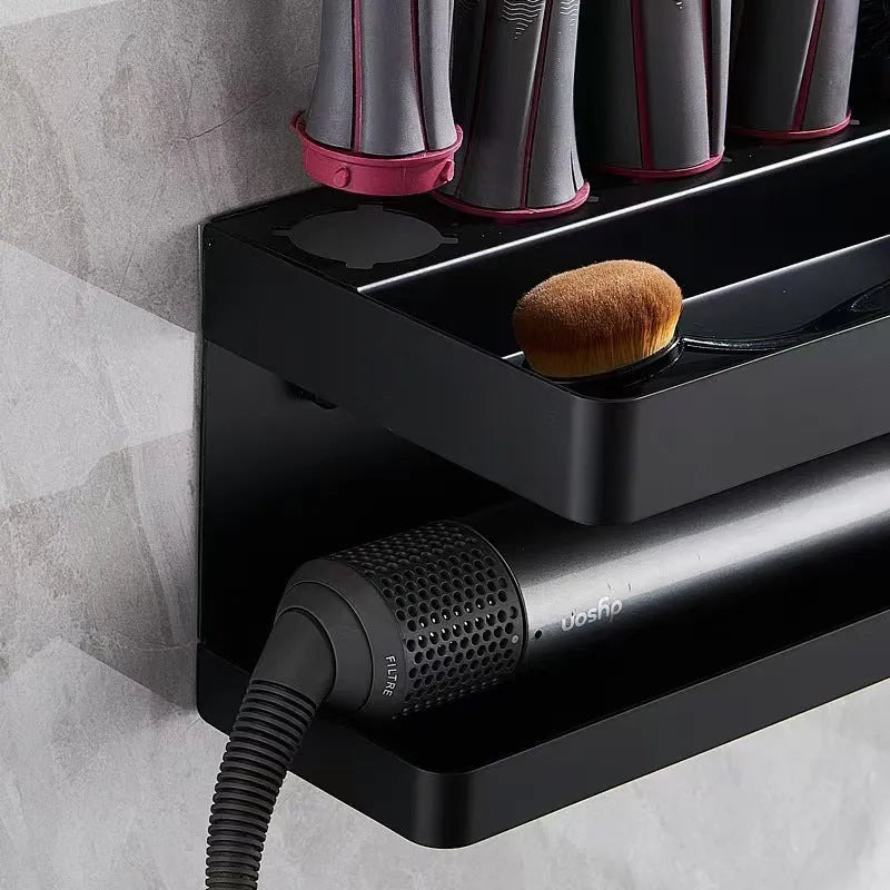 White double-layer aluminium punch-free bathroom storage rack mounted on tiles.