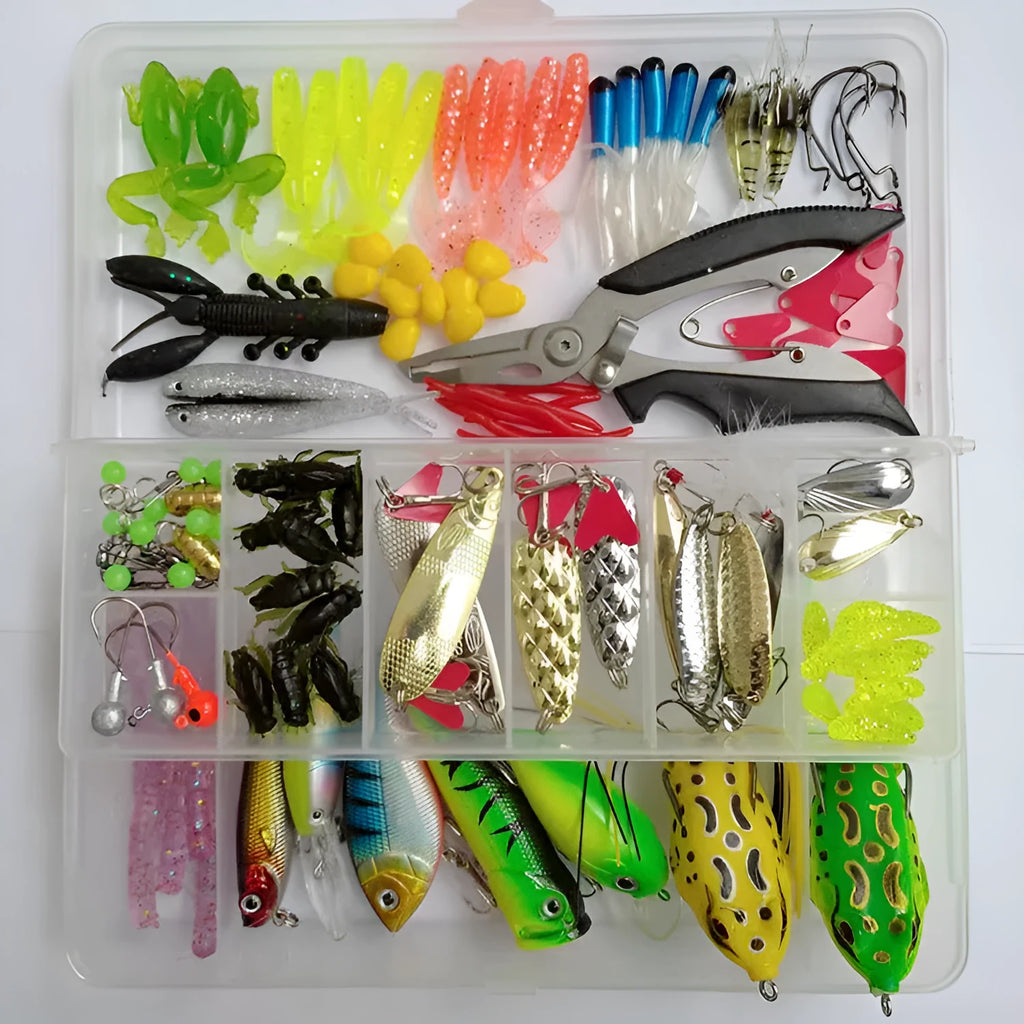 Assortment of hard plastic minnow fishing lures with sequins, hooks, and tackle components from a 142-piece kit