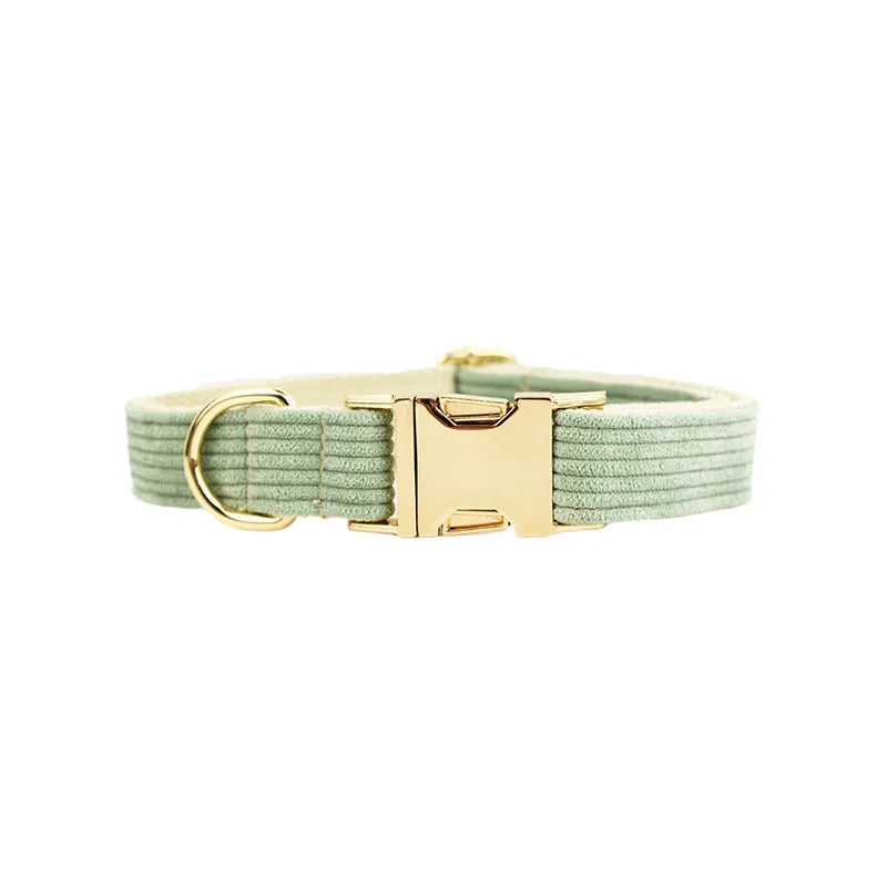 Corduroy Series pet dog collar in polyester, shown on a dog, available in multiple sizes and colours.