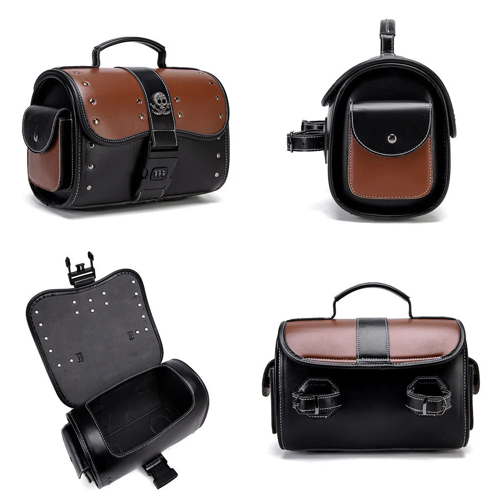 PU leather motorcycle front bag with colour contrast patchwork design mounted on vehicle