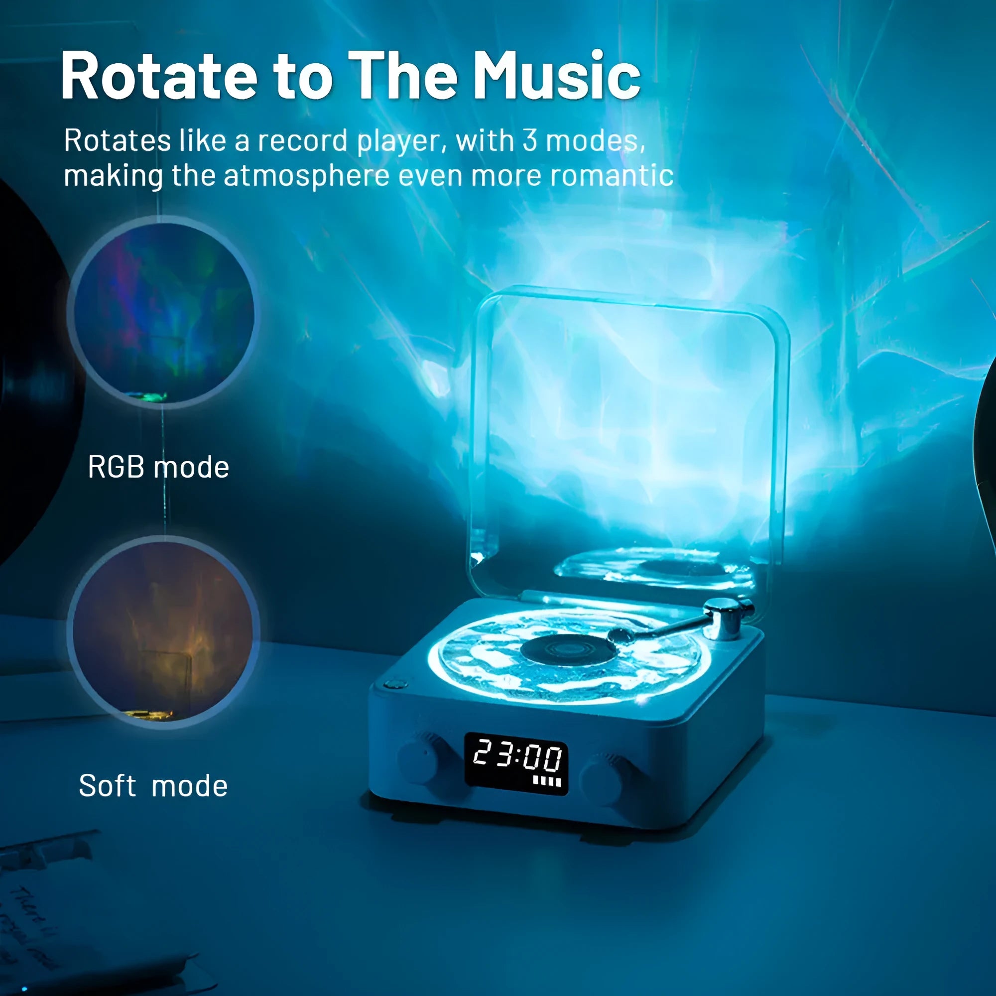 Retro turntable Bluetooth speaker with rotating transparent disc and RGB lighting effects