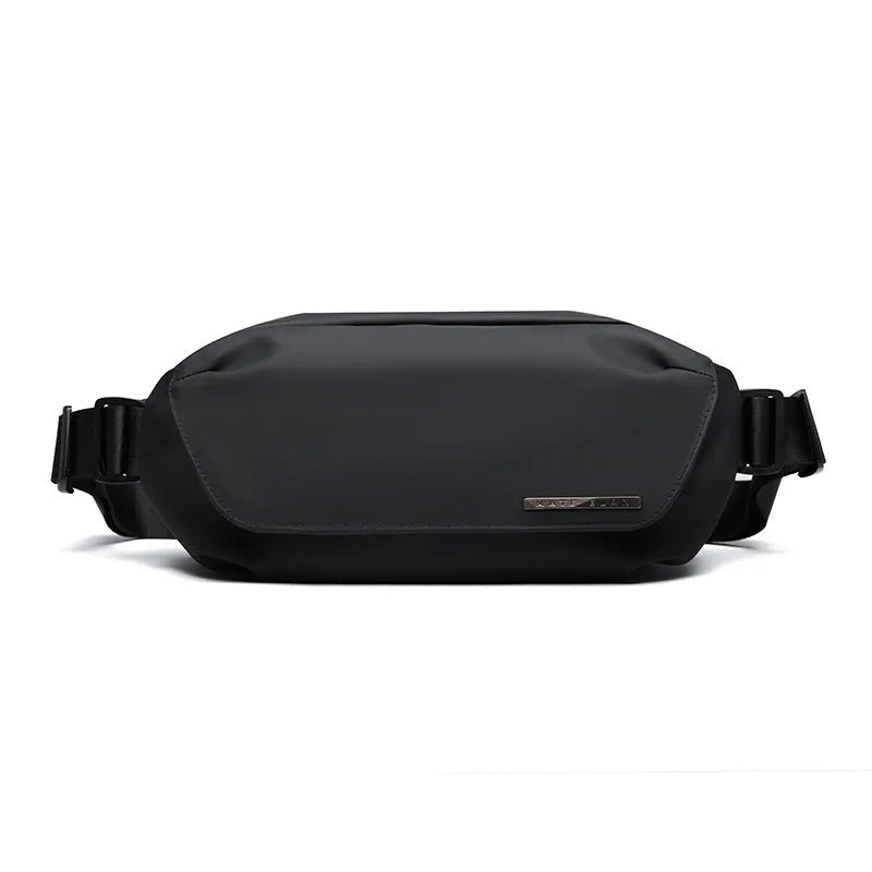 Black men's messenger bag in Oxford cloth with crossbody strap and street style details.