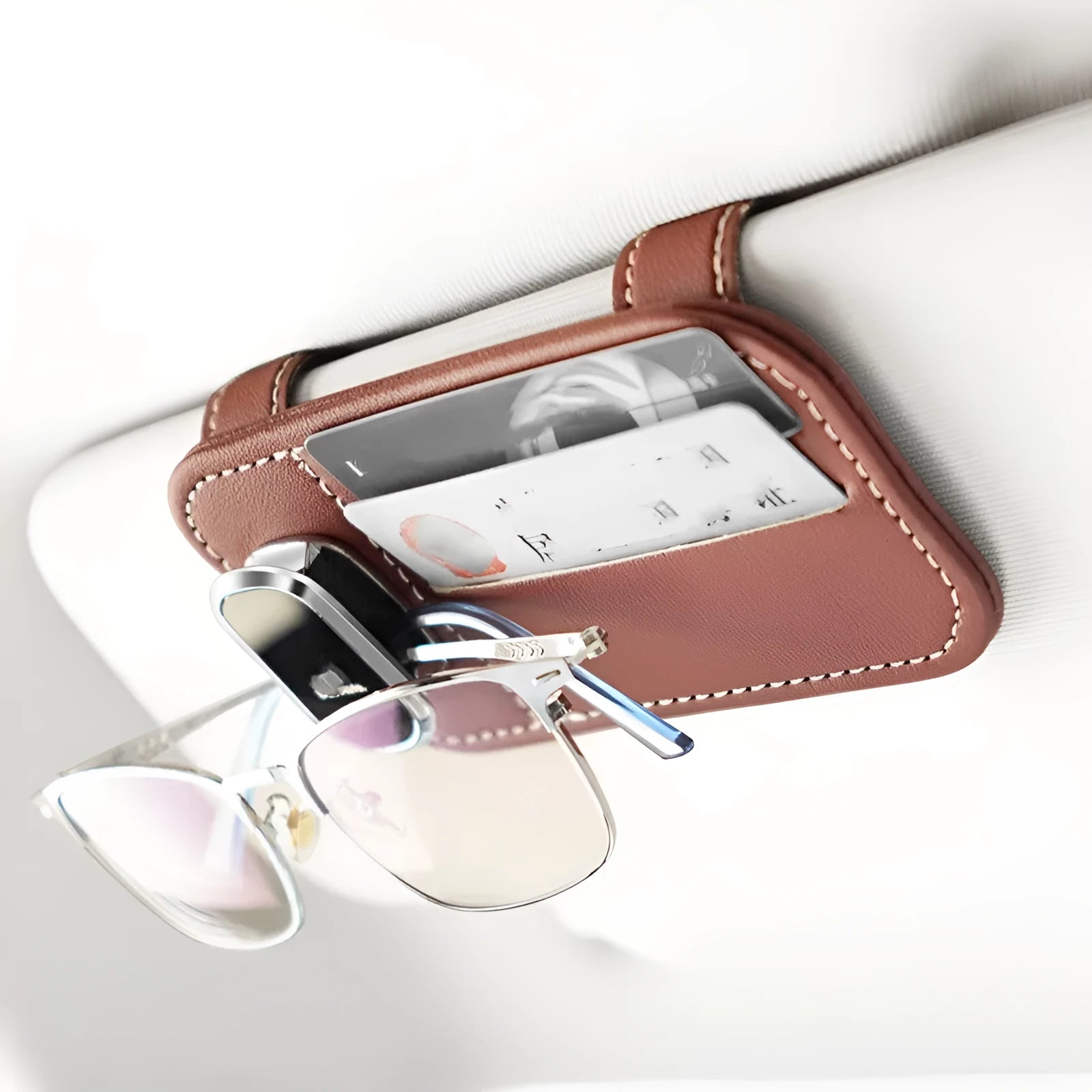 Leather automotive sun visor card holder with integrated glasses clip in five colour options