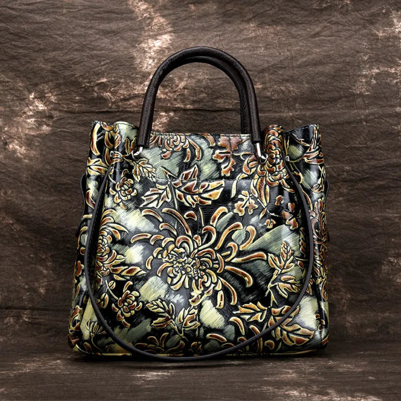 Trendy women's three-dimensional embossed first layer cowhide messenger bag with floral pattern in brown