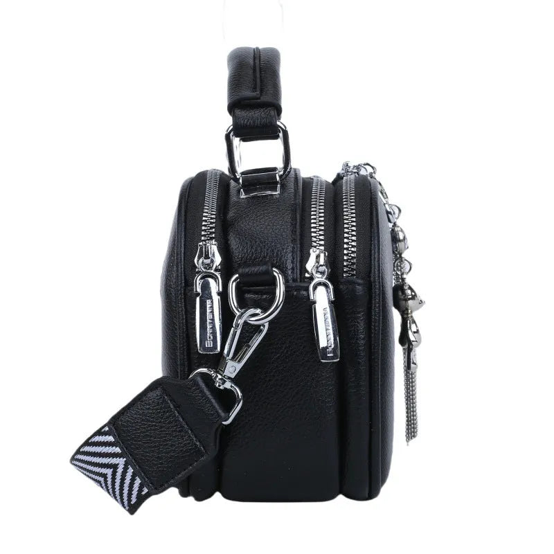 Women's stitching small square bag oval design showing mobile phone compartment and double shoulder straps