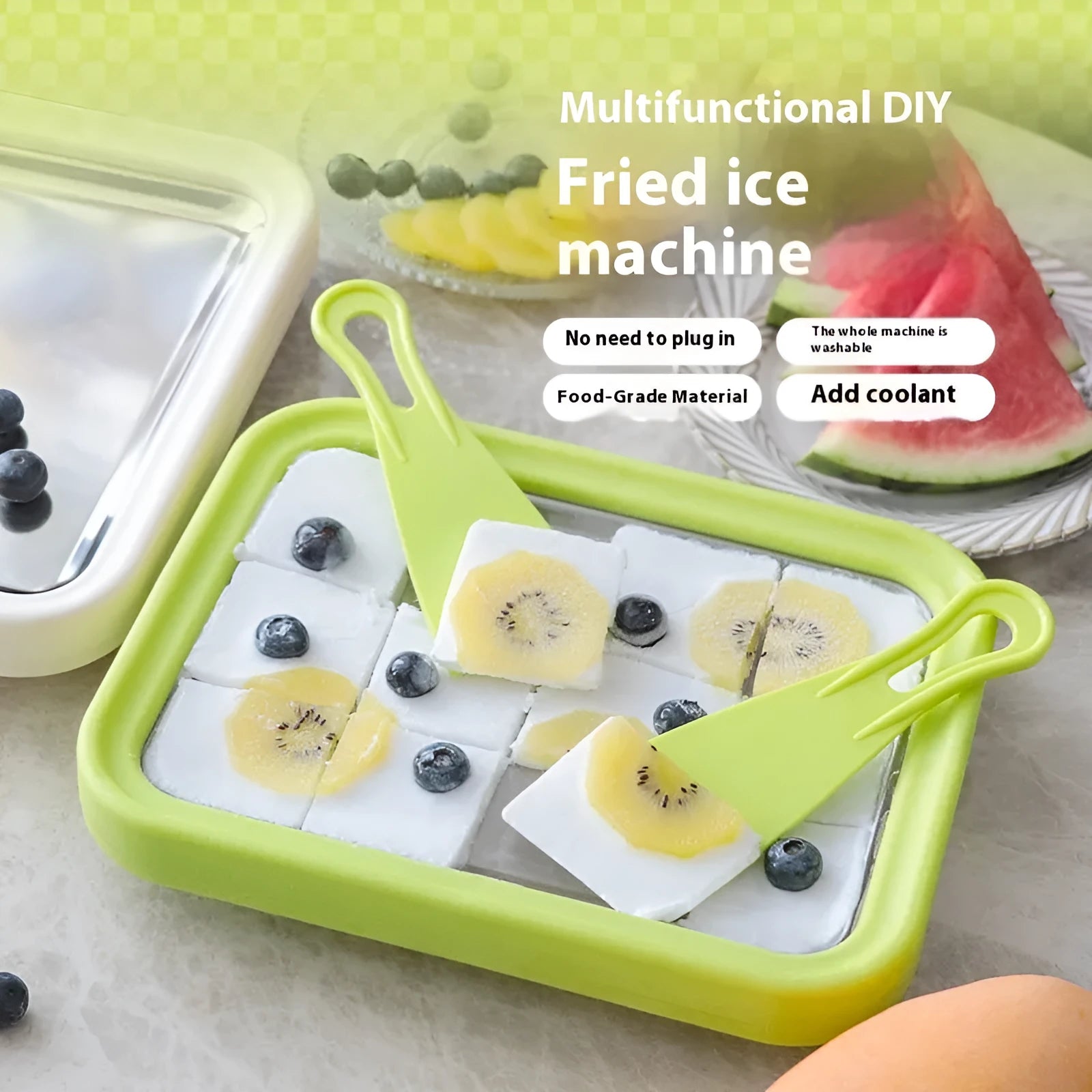 Green children's DIY fried yogurt machine with aluminium gasket, size 22.5 by 17.5 cm.