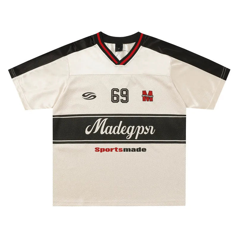 Apricot coloured V-neck sports jersey with letter pattern print and drop-shoulder sleeves