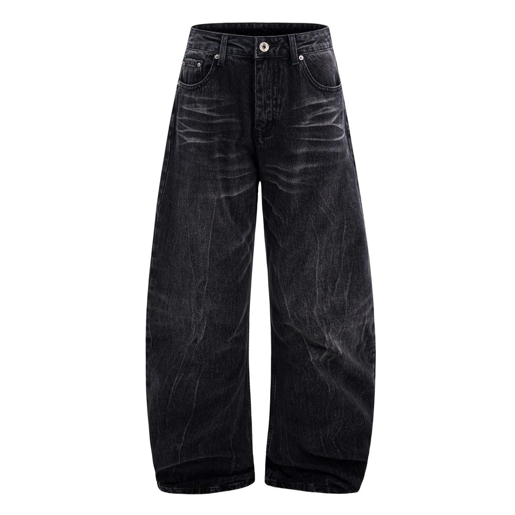 Men's black American washed straight-leg jeans with lightning crack pattern detail