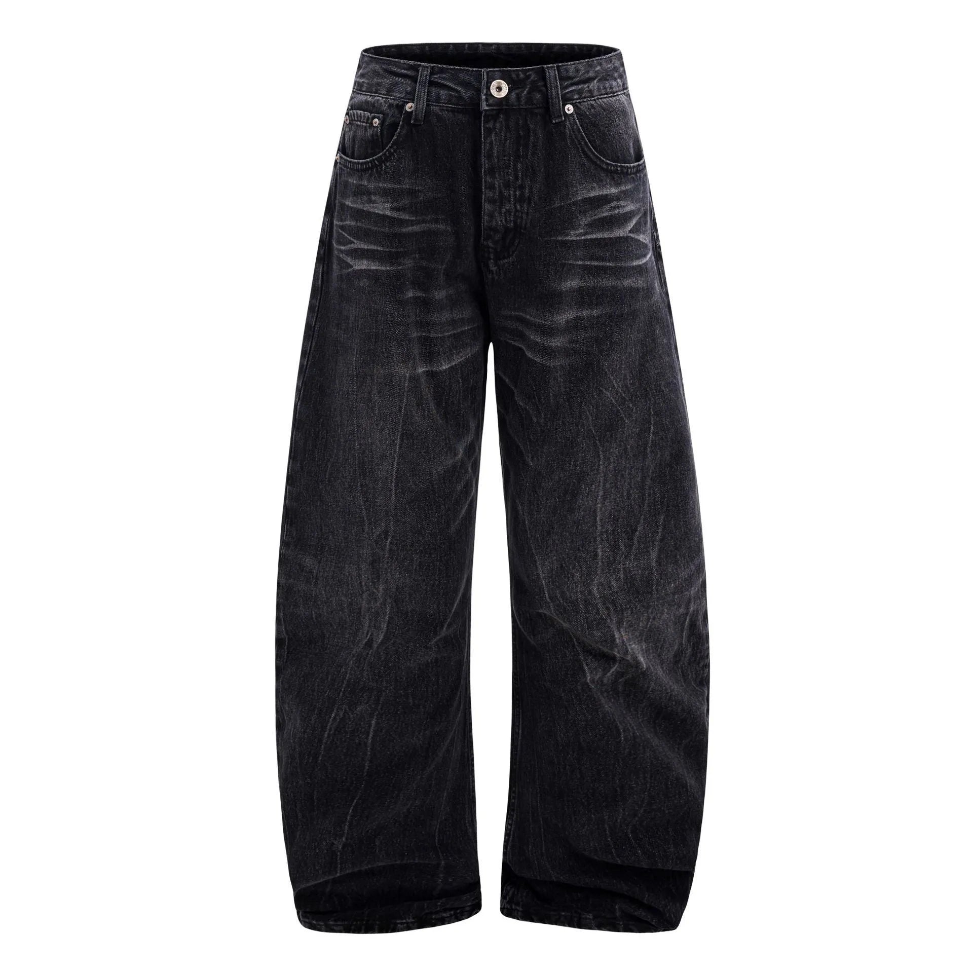 Men's black American washed straight-leg jeans with lightning crack pattern detail