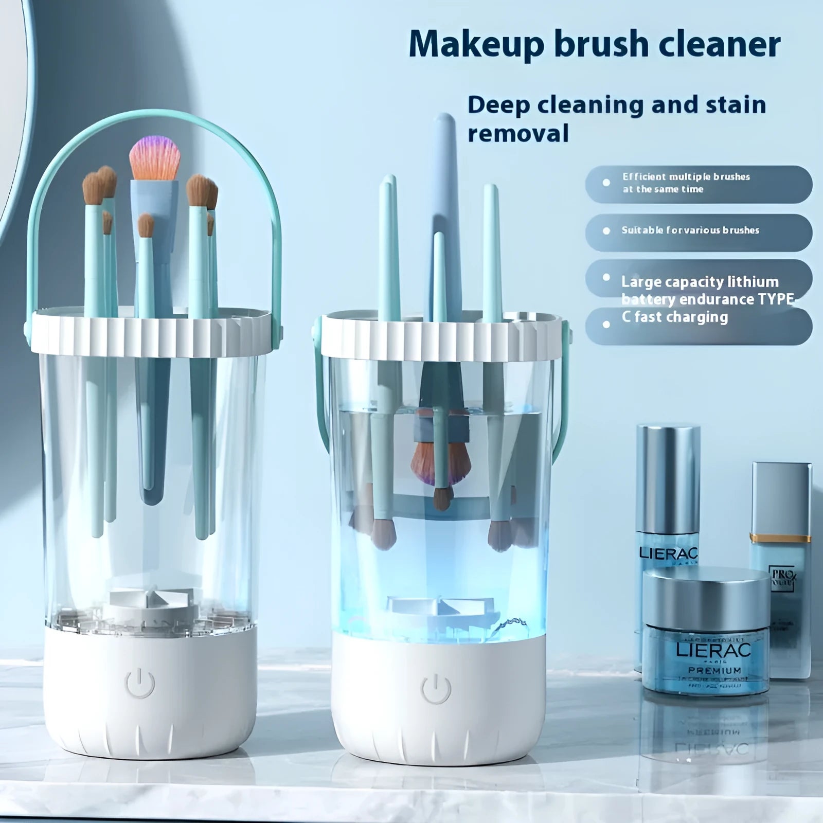White plastic rechargeable electric cleaning brush for makeup brushes with USB cable