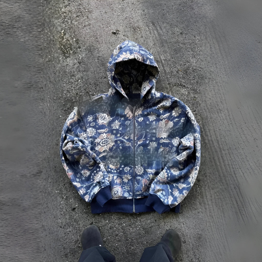 Men's red polyester hooded zip coat with loose fit and digital printing detail
