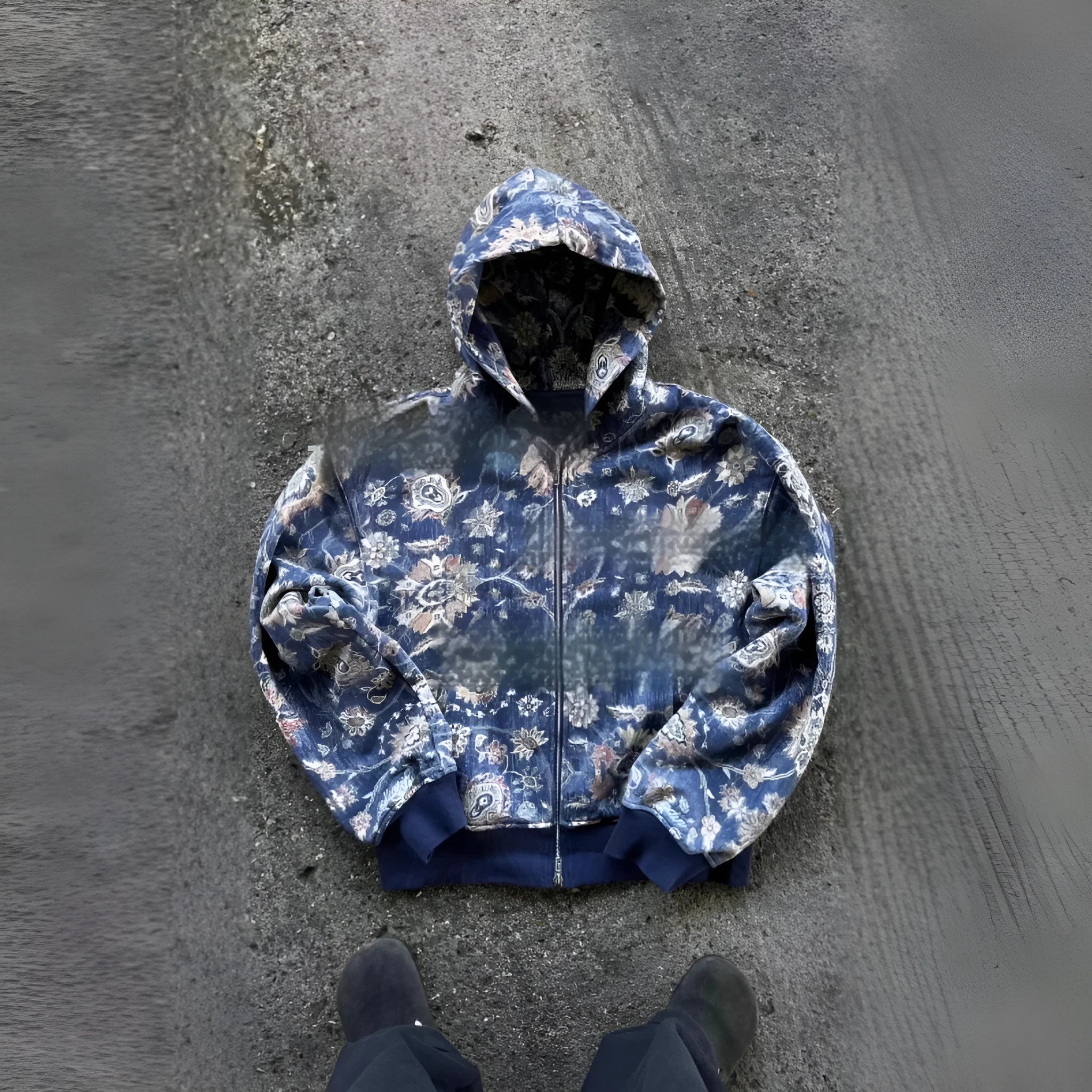 Men's red polyester hooded zip coat with loose fit and digital printing detail