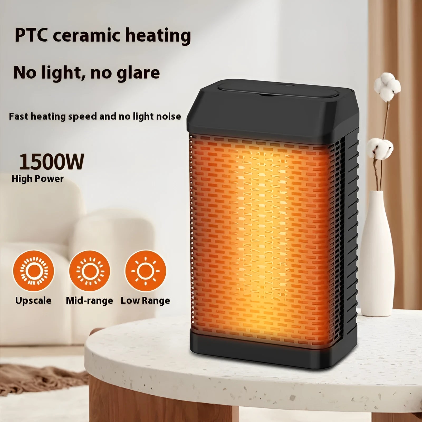 Black remote control oscillating desktop heater showing control knobs and dimensions 14.5x10x26cm.