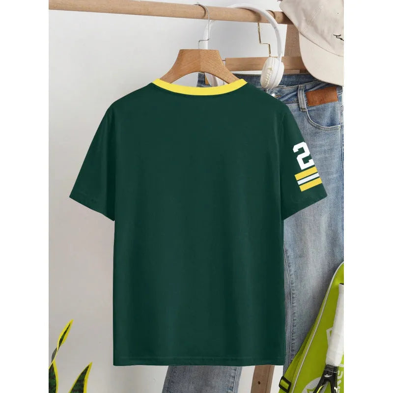 Red loose-fit cotton t-shirt with digital letter print and short sleeves laid flat.