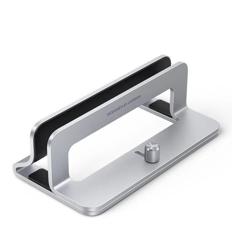 Silver aluminium alloy laptop cooling stand with adjustable width mechanism showing hollow design
