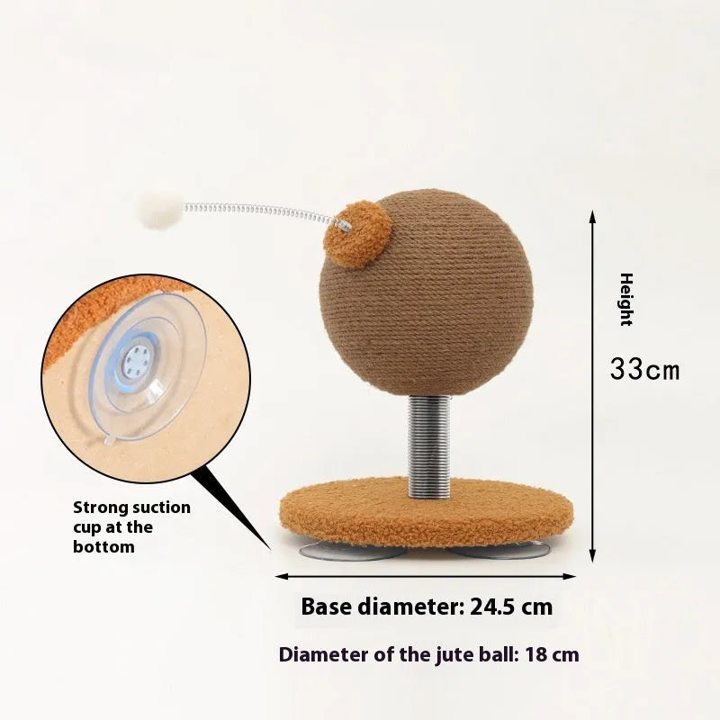 Cat scratch board with hemp rope surface shown with a cat grasping ball accessory