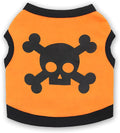 Set of five blue, orange, and purple cotton dog vests with Halloween skull bones pattern.