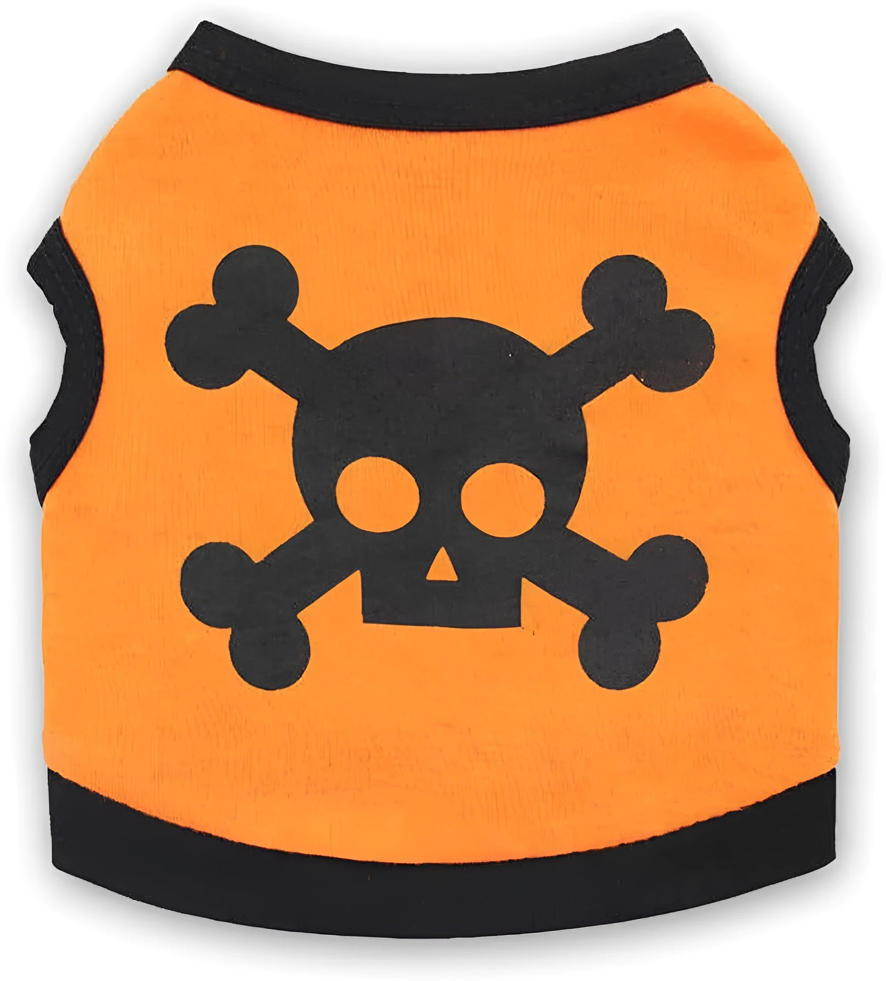 Set of five blue, orange, and purple cotton dog vests with Halloween skull bones pattern.