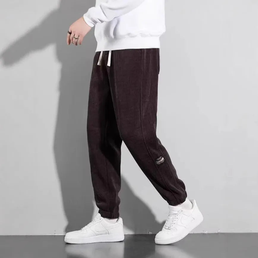Men's loose straight sweatpants in dark gray, black or dark brown, cotton blend, drawstring mid waist, sizes M-5XL