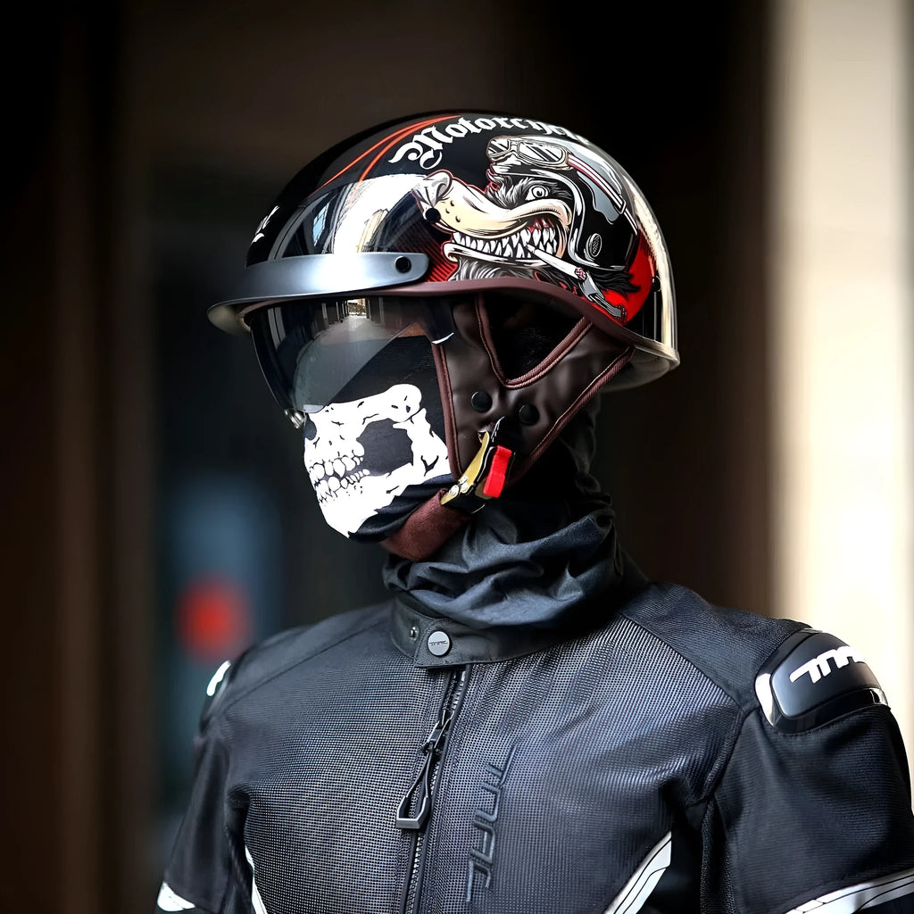 Retro half face motorcycle helmet in Bright Black Whirlwind Dog colour with UV visor