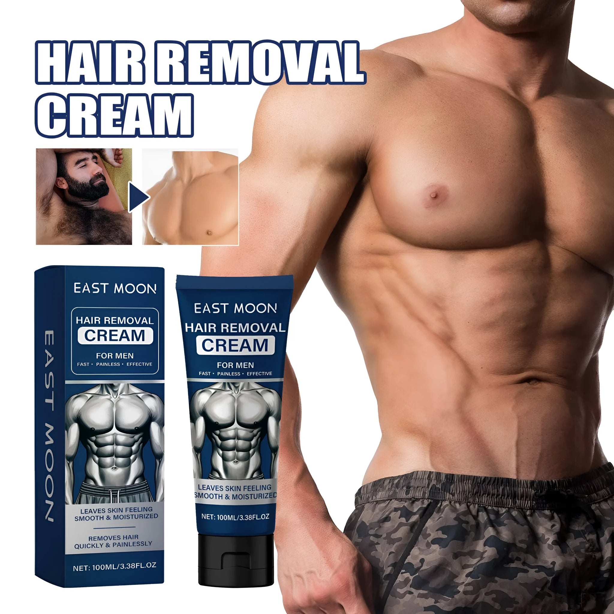 100ml tube of men's mild hair removal cream for lips, beard, armpits, hands, and legs.