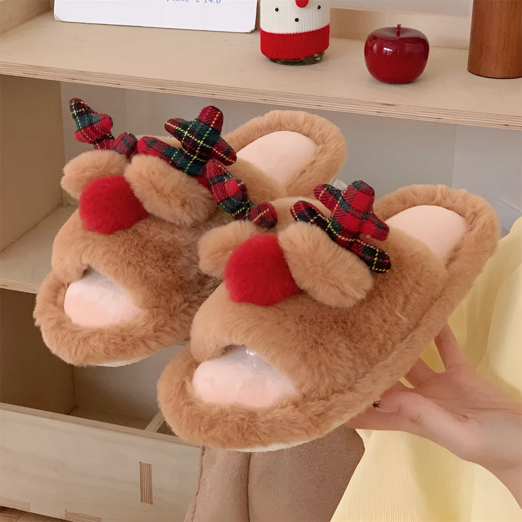 Brown suede slippers with cartoon deer design, flip-flop style with PVC sole