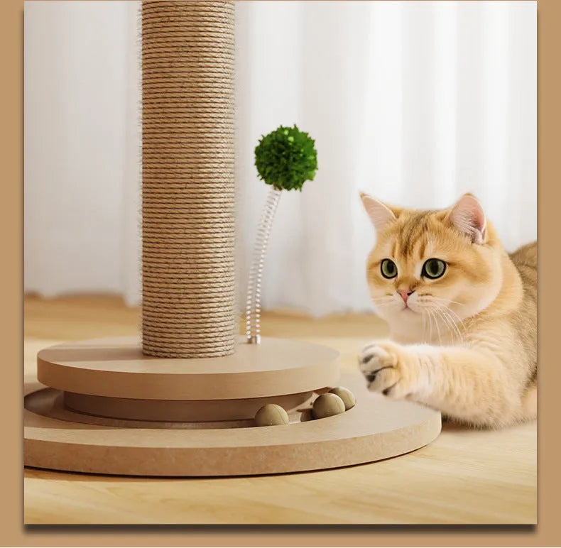 Tall, canna-coloured vertical cat climbing frame with hemp rope posts and a square platform.