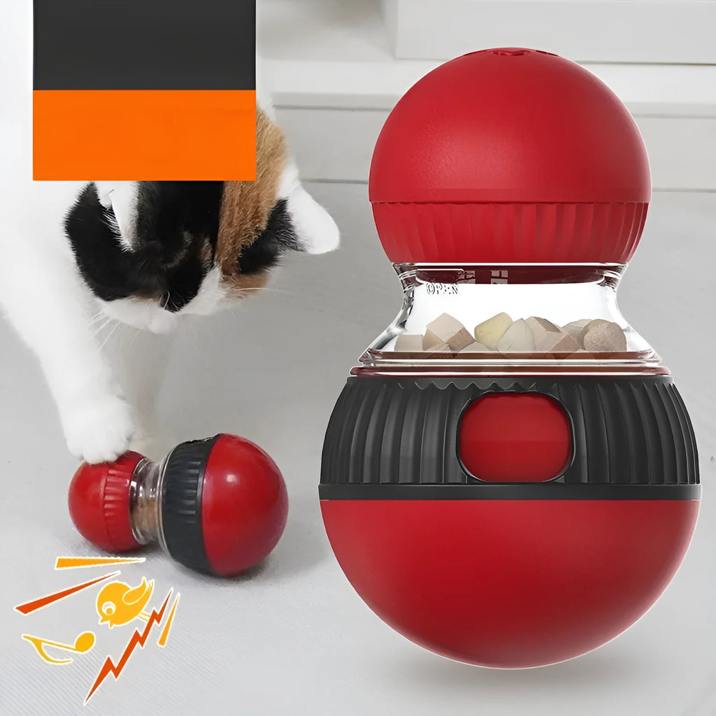 Plastic rotating funny cat sound food dropping ball toy on a white background.