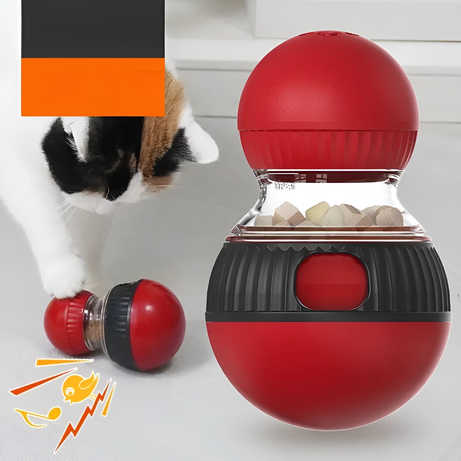 Plastic rotating funny cat sound food dropping ball toy on a white background.