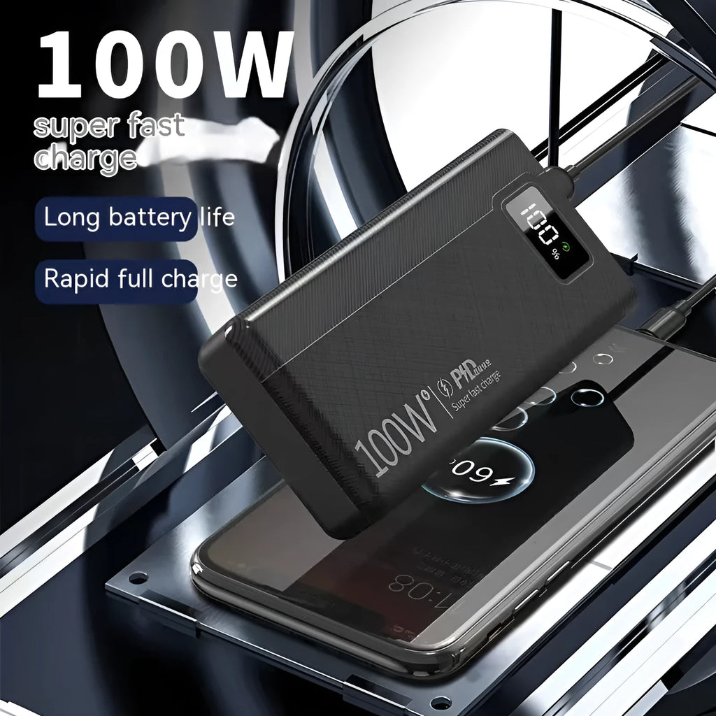 Large capacity power bank in black or white plastic casing showing front panel with charging ports