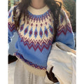 Women's geometric pattern contrast colour pullover sweater in pink, loose fit thick knit