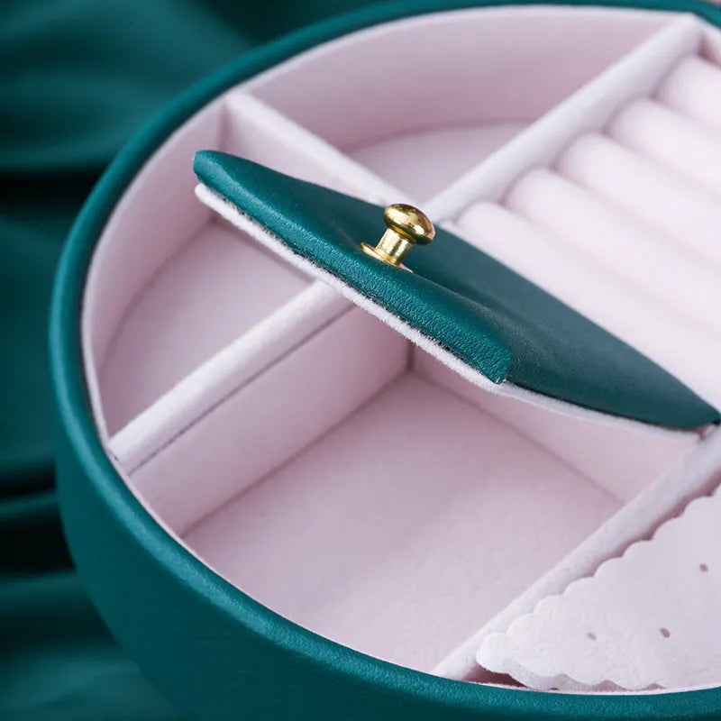 Large capacity multi-layer retro round leather jewellery box in palace style green, pink, red, or black