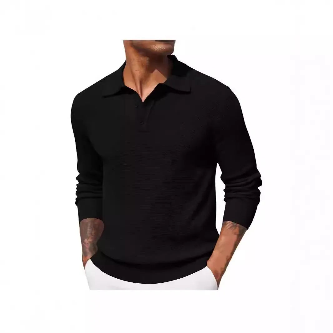 Men's solid colour long-sleeved polyester top in wine red, casual style, autumn wear