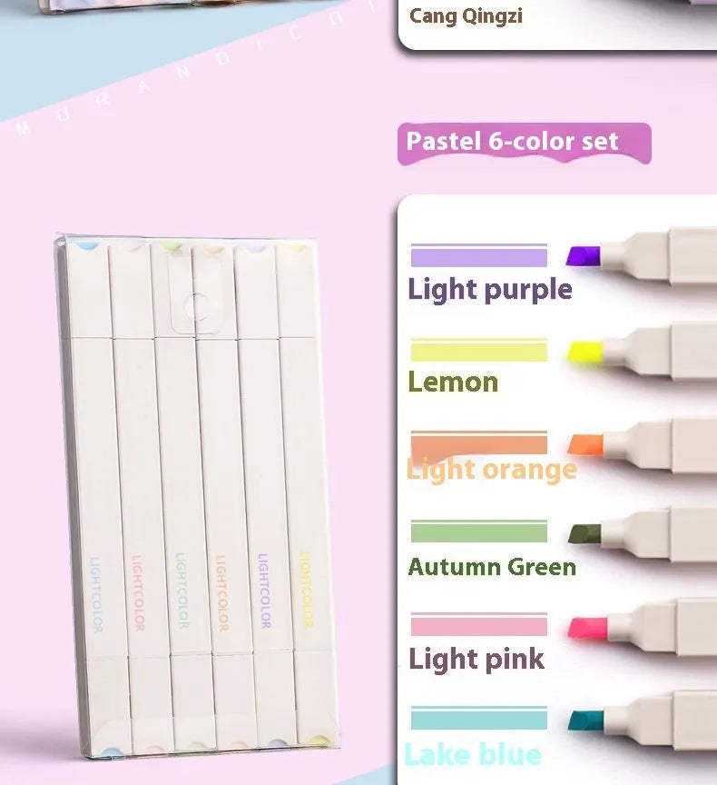 Set of double-ended fluorescent highlighting pens showing chisel and fine tips, in mixed, salt series, and sweet series colours.