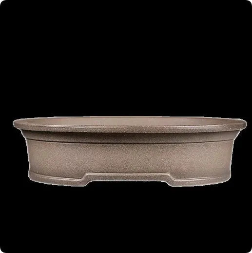 Handmade antique oval bonsai flower pot in purple sand clay, showing its 25cm length and 6.3cm depth.