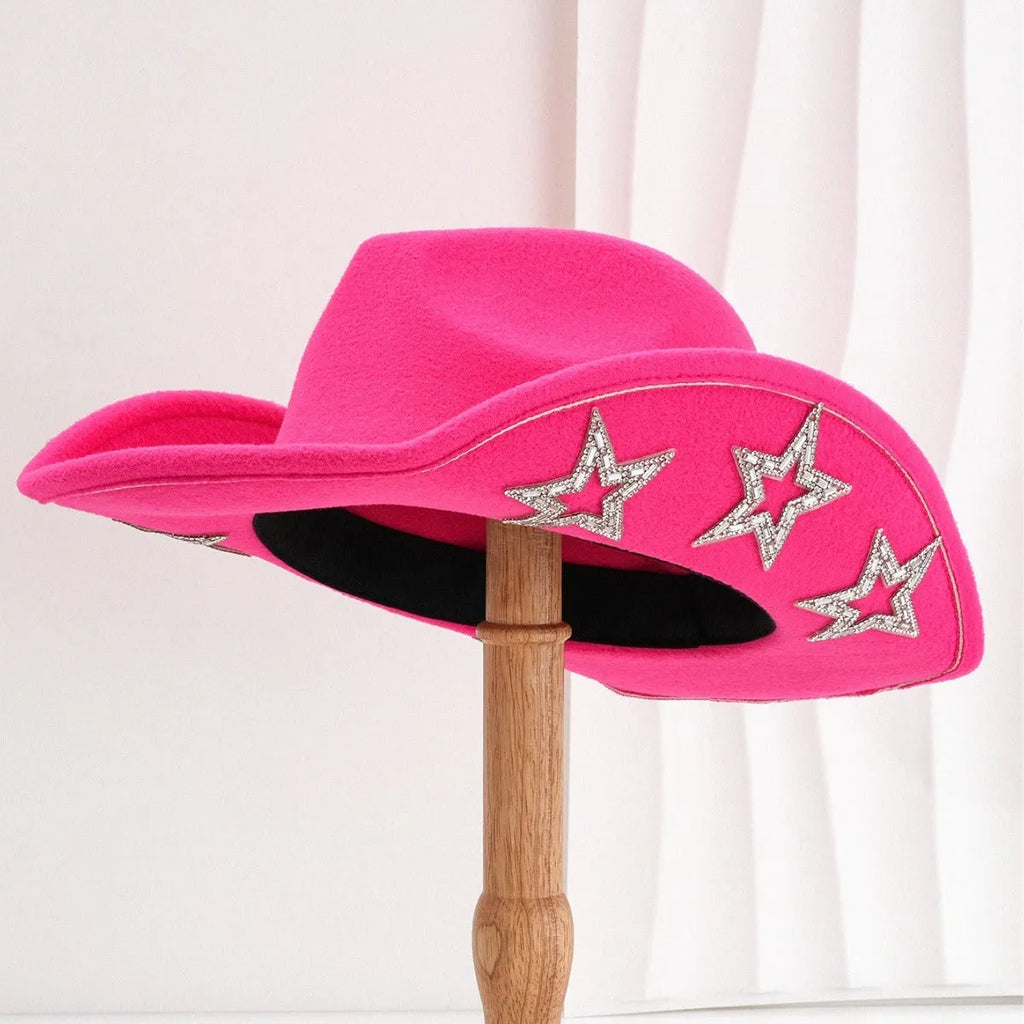 Beige woolen felt western hat with conical crown and hexagonal star on the front, size M for 56-58cm head circumference.