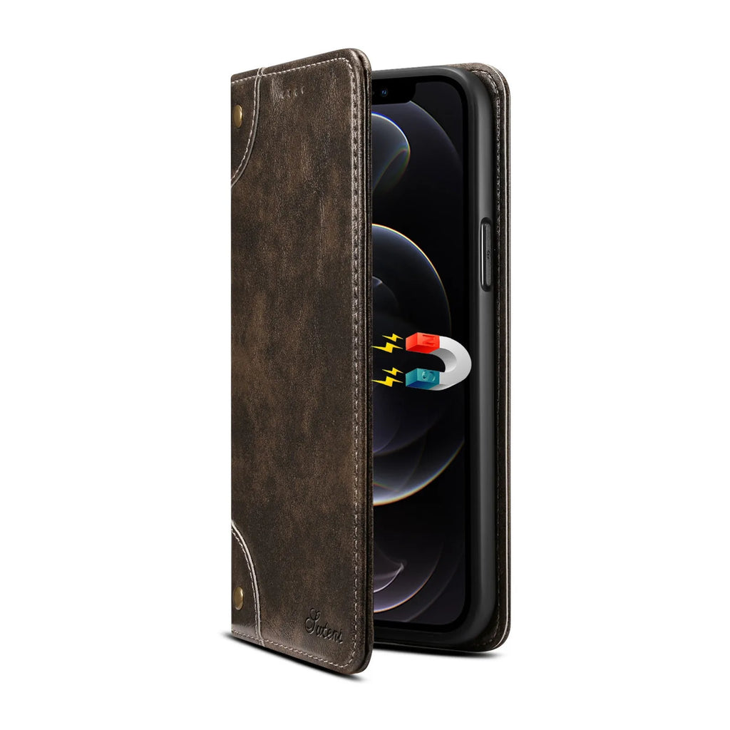 Flip magnetic card holster phone case in black, handmade PU TPU, with bracket, for iPhone 13