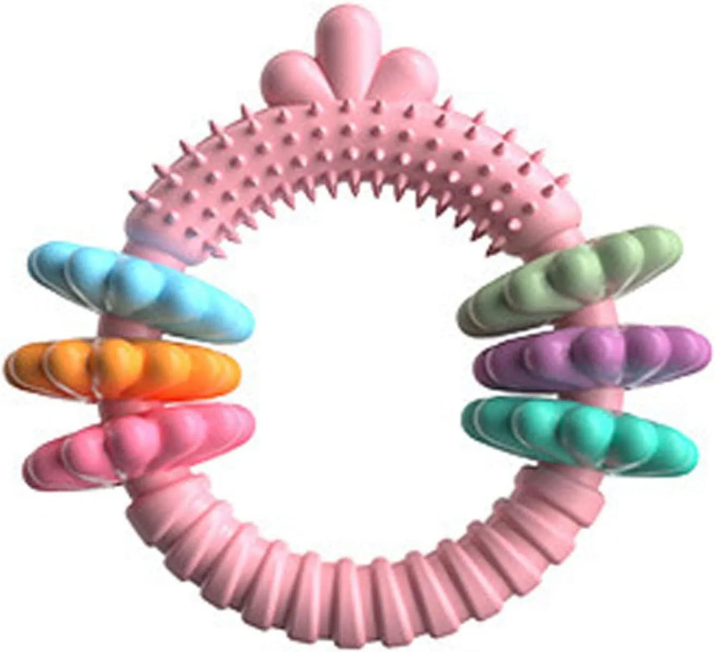 Blue TPR rubber ring dog chew toy with squeaker for small dogs on a white background.