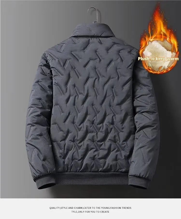Men's black thickened fleece polyester zippered jacket and tapered pants set with turn-down collar and zippered pockets