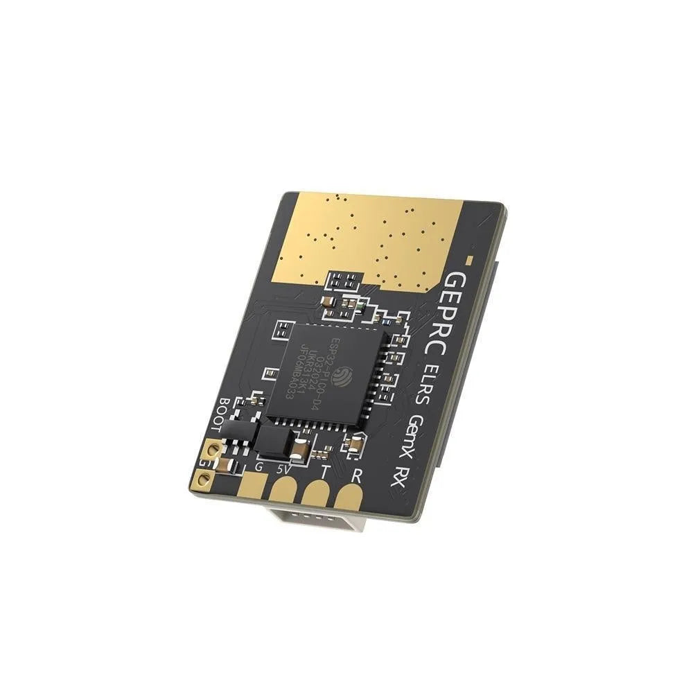 ELRS dual-band 915MHz 2.4GHz FPV receiver with two T-shaped antennas and connecting cables on a table.
